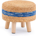 Handwoven Round Ottoman, Natural Water Hyacinth Outdoor Patio Pouf Seagrass Low Stool with Wood Legs, Soft Padded Footrest for Living Room Bedroom Garden, Blue-Ruum Studio Home
