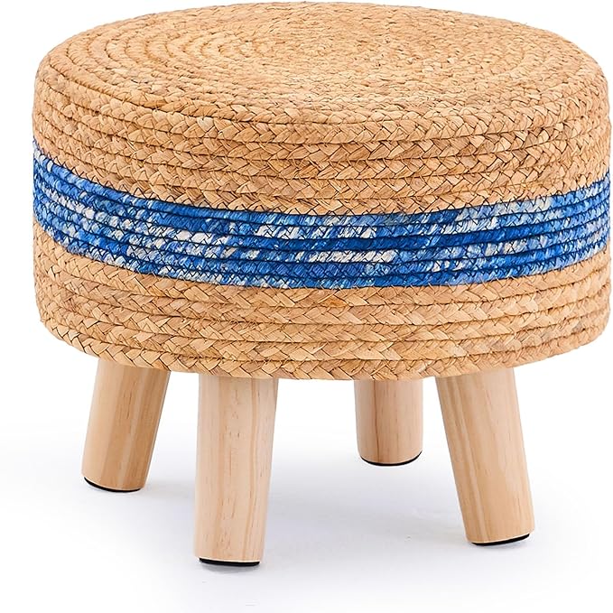 Handwoven Round Ottoman, Natural Water Hyacinth Outdoor Patio Pouf Seagrass Low Stool with Wood Legs, Soft Padded Footrest for Living Room Bedroom Garden, Blue-Ruum Studio Home
