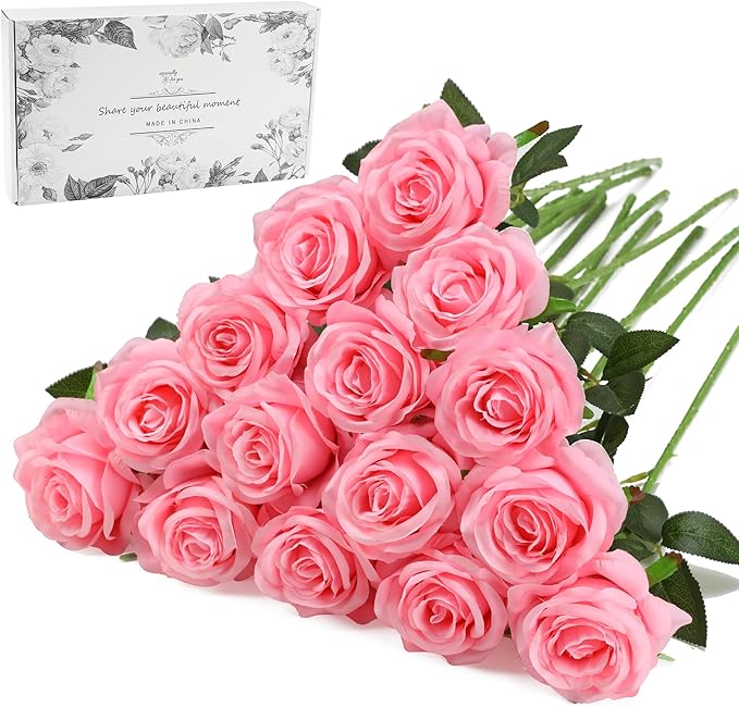 Pink Fake Roses Artificial Flowers - 16 Pcs Fake Artificial Roses Silk Flowers with Stems for Home Wedding Hotel Office Centerpiece Decor-Ruum Studio Home