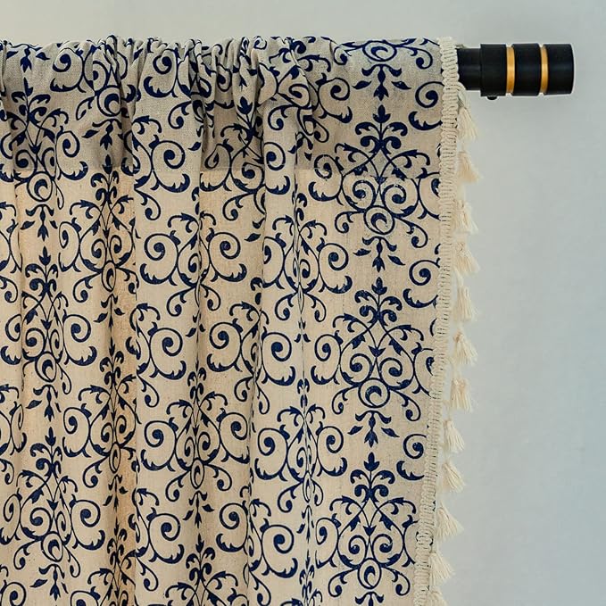 Sutuo Home Boho Curtain 84 Inches Length Semi-Blackout Bohemian Damask Moroccan Florals Print Darkening Curtains Tassels, Rod Pocket Window Treatment Drapes for Bedroom, 1 Panel 59" W x 84" L, Blue-Ruum Studio Home
