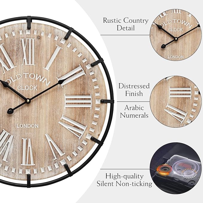 20 Inch Grand Farmhouse Wall Clock, Vintage-Inspired Wood & Metal Design with Large Etched Numbers, Silent Battery-Powered Timepiece for Offices, Kitchens, Bedrooms, and Living Rooms