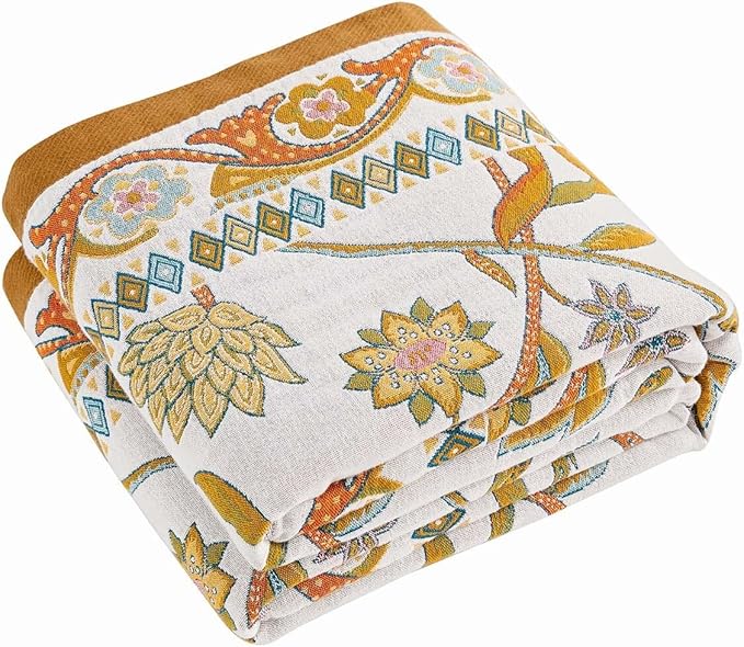 Fall Throw Blanket for Couch, Brown Boho Decorative Throw Blanket, 100% Cotton Muslin Breathable Woven Farmhouse Blankets Quilt, 80"x90" Reversible Lightweight Blankets Bohemian Throw Quilt-Ruum Studio Home