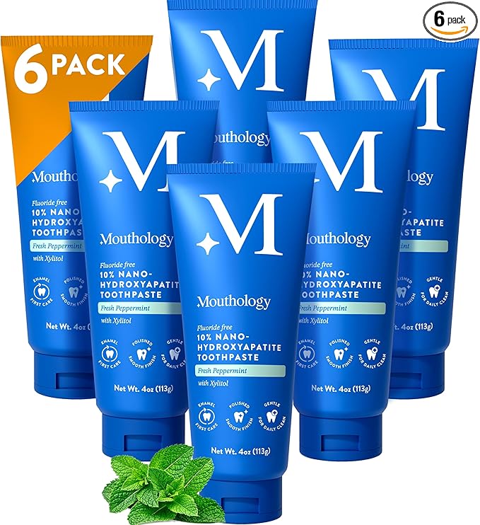 Mouthology 10% Nano Hydroxyapatite Toothpaste (6pk, Fluoride Free), Whitening*, Supports Enamel Care*, Appropriate for Sensitive Teeth*, SLS Free, Xylitol nHA Toothpaste Adults, Mint 4oz (USA Made)-Ruum Studio Home