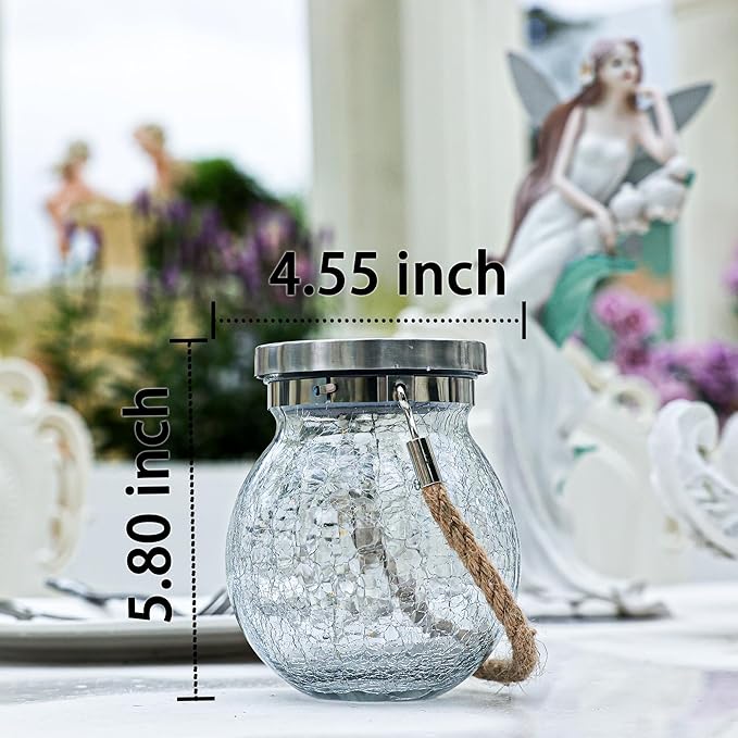 Cooo 6 Pack Heavy Crackle Glass Solar Lantern with 30 LED Firefly Lights– Waterproof Outdoor Hanging Lamp 215% Larger Solar Panel, Stainless Steel Lid Decorative Lighting for Garden Patio Table-Ruum Studio Home