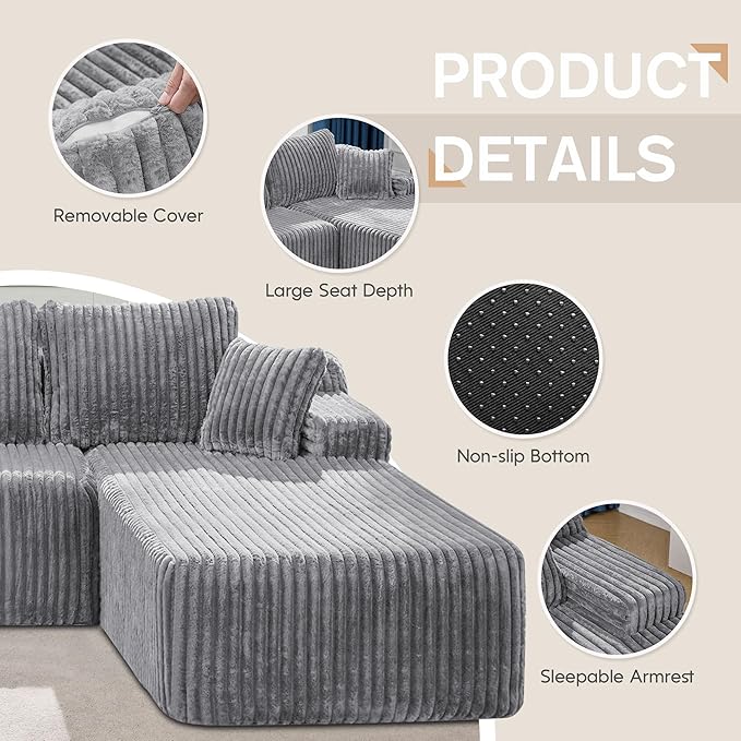 Hobestluk Modular Sectional Sofa Couches 108" L-Shape Couch 3 Seat Modular Sofa Memory Foam Sectional Couches for Living Room, Boneless Couch with Oversized Chaise (Light Grey, Right Facing)-Ruum Studio Home