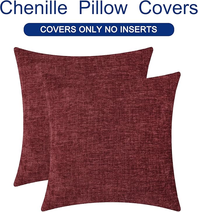 CaliTime Throw Pillow Covers Decorative 24 X 24 Inches Pack of 2 Cozy Chenille Cushion Cases for Couch Sofa Bed Living Room Home Burgundy-Ruum Studio Home
