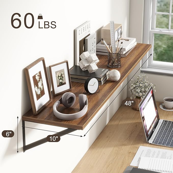 Floating Shelves 48 Inch Long, 10" Deep Floating Shelves, Walnut Wall Shelves 48 x 10, Set of 2, Wide Large Display Storage Shelves for Bathroom, Living Room, Rustic Wood Shelves with Brackets-Ruum Studio Home