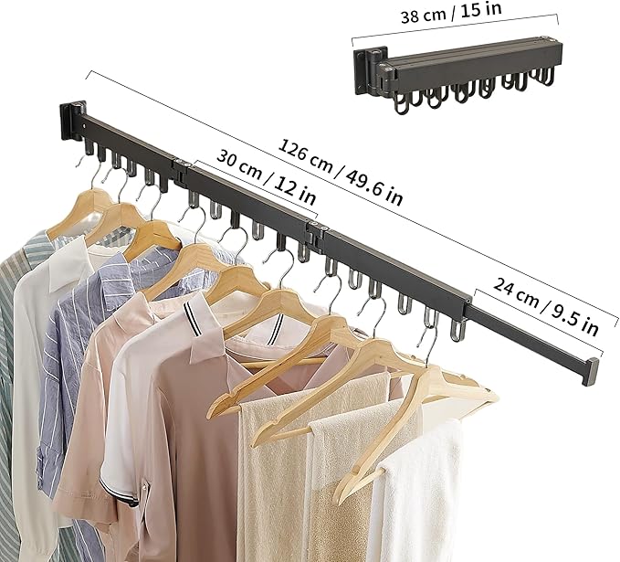 Clothes Drying Rack Wall Mounted, Laundry Drying Rack Collapsible, Space Saving Wall Drying Rack Clothing Foldable, Tri-Fold Retractable Rack Outdoor Indoor with 18 Hooks(Black，Loop-Shape Hooks)-Ruum Studio Home