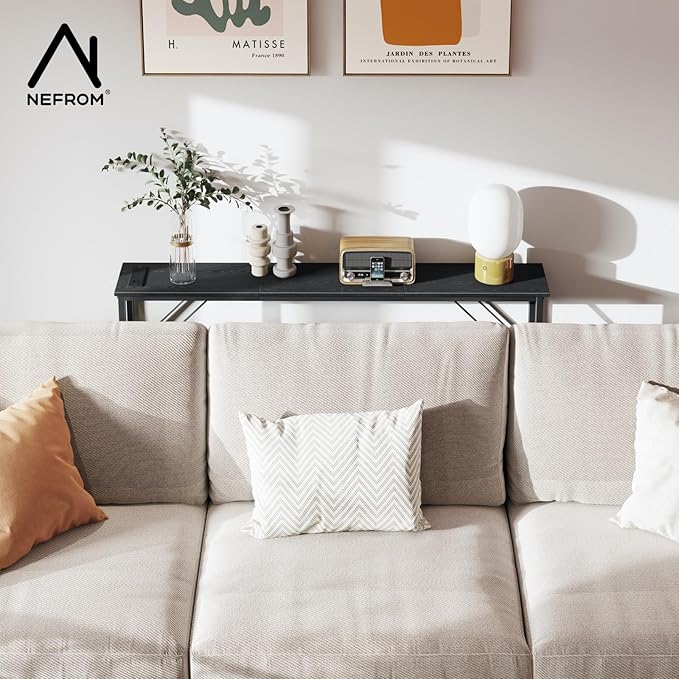 47.2'' Console Table, Skinny Entryway Table with Fast-Charging Station, Narrow Long Sofa Table, Behind Slim Couch Table for Entrance, Hallway, Living Room Decor ST-BK120-1-Ruum Studio Home