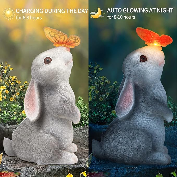 Garden Statue Outdoor Decor-Rabbit with Solar Butterfly Changing Lights Garden Statues,Bunny Statue for Patio,Balcony,Yard,Lawn Ornament,Gardening Gifts for Mom Grandma-Ruum Studio Home