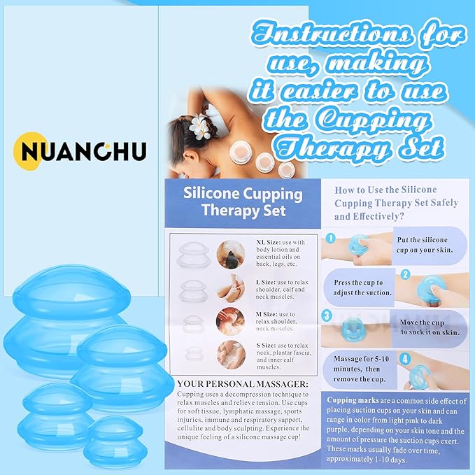 Nuanchu 8 Pcs 4 Sizes Cupping Therapy Set with Satin Bag Silicone Massage Cups Professional Cupping Therapy Vacuum Cup for Cellulite Joint Pain Muscle Pain(Clear Blue)-Ruum Studio Home