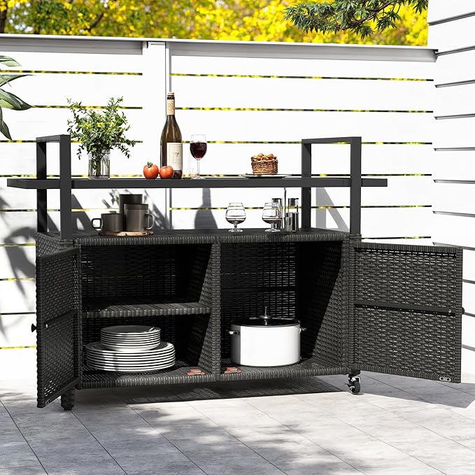 DWVO Patio Bar Table,Outdoor Kitchen Island with Glass Top,Rattan Patio Storage Cabinet with Wheels,Bar Cart for Poolside and Backyard,Black-Ruum Studio Home