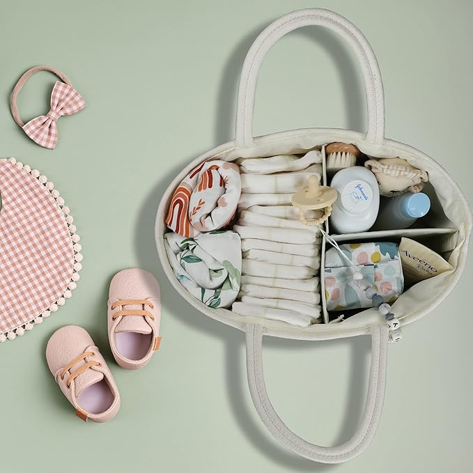 Large Baby Diaper Caddy Organizer for Girl Boy Rope Nursery Storage Bin Basket Portable Holder Tote Bag for Changing Table Car Travel Baby Shower Gifts Newborn Registry Must Haves White and Brown-Ruum Studio Home
