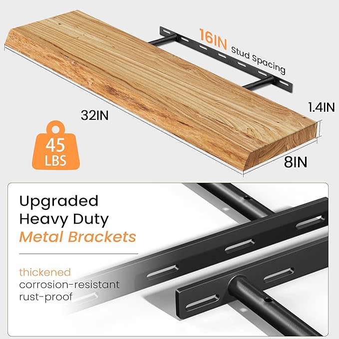 Floating Shelves for Wall, 32" Live Edge Solid Elm Wood Floating Shelf, Wall-Mounted Display Shelves with Invisible Heavy-Duty Metal Bracket, Floating Shelf for Kitchen (Natural, Set of 2)-Ruum Studio Home
