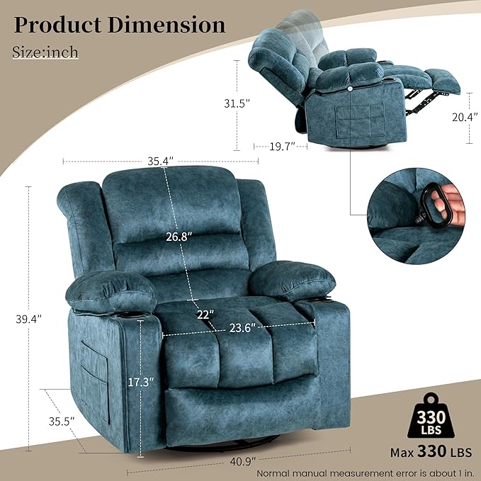 Recliner Chair Rocker Modern Ergonomic Lounge 360 Degree Swivel Single Sofa Seat Living Room Lounge Recliners on Clearance Foam Filling-Ruum Studio Home