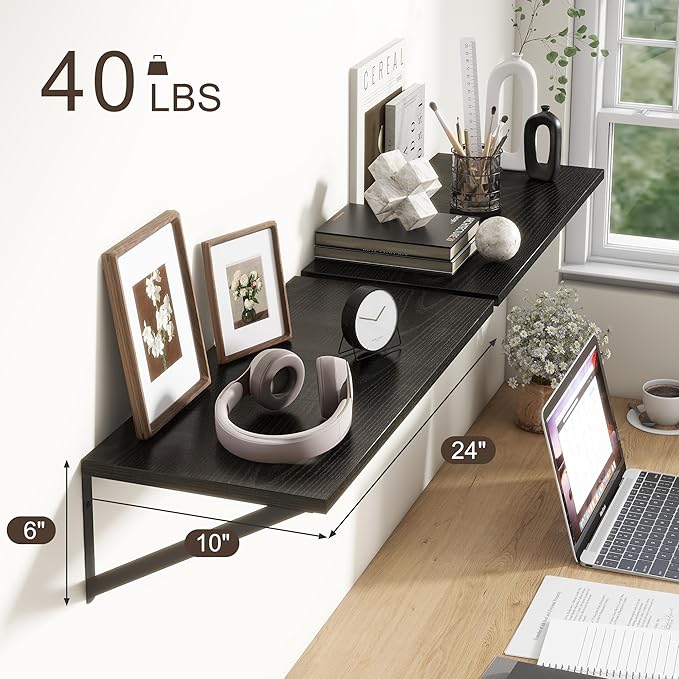 Deep Black Floating Shelves for Wall, 24"W x 10"D Wall Shelves Set of 2, 10 Inch Deep Floating Shelf with Brackets, Wide Display & Storage Shelves for Books, Living Room, Kitchen, Bathroom-Ruum Studio Home