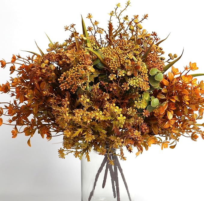 6 Bundles Artificial Fall Flowers, Autumn Decorations Leaves Greenery Shrubs for Thanksgiving Home Kitchen Room Farmhouse Floral Arrangements Indoor Outdoor Wedding Party Fireplace Fall Mixed Color-Ruum Studio Home