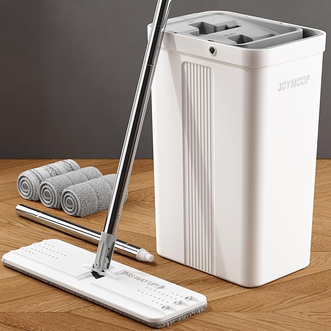 JOYMOOP Mop and Bucket with Wringer Set, White Flat Squeeze Bucket Set for Floor Cleaning, Wet Dry Wall Cleaner with Long Handle, Hardwood Floor Mop-3 Microfiber Cloths-Ruum Studio Home