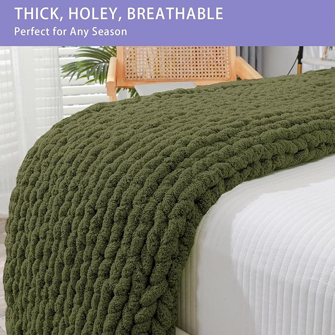 Bigacogo Chunky Knit Throw Blanket for Couch, 51x63 inches, 100% Hand Knitted with Thick Jumbo Chenille Yarn, Cozy Soft Large Rope Knot Cable Crochet Blankets for Sofa Bed Living Room, Yellow Green-Ruum Studio Home