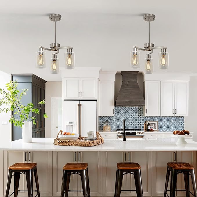 3-Light Brushed Nickel Pendant Lighting for Kitchen Island, Hanging Dining Room Light Fixtures Over Table, Industrial Chandelier for Entryway Hallway Foyer Bedroom, Clear Glass Shade-Ruum Studio Home