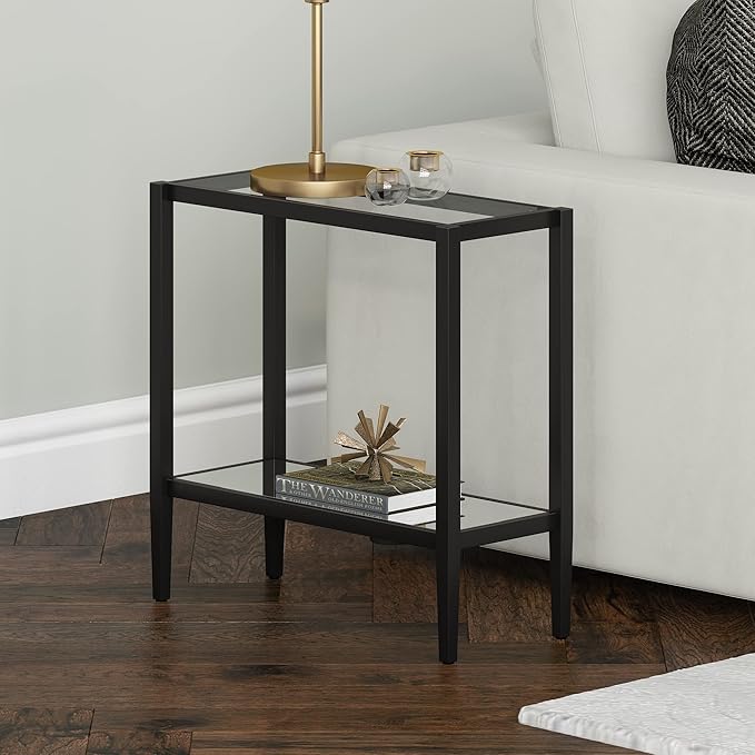Henn&Hart 24" Wide Rectangular Side Table with Glass Shelf in Blackened Bronze, Table for Living Room, Bedroom-Ruum Studio Home