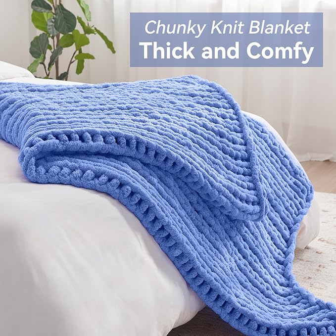 Chunky Knit Throw Blanket, 30''*40'' Knitted Throw Chenille Yarn for Bed Couch, Handmade Light Blue Crochet Big Thick Blanket, Machine Washable Cute Comfy Blanket for Home Decor-Ruum Studio Home