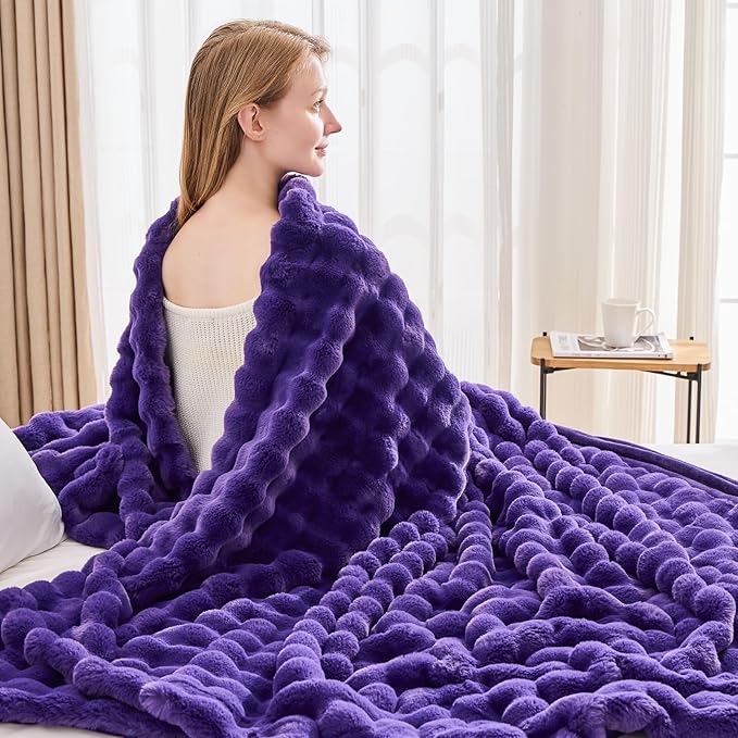 NEWCOSPLAY Faux Fur Twin Blanket Purple Bubble Blanket Thick Warm Soft for Couch Sofa Bed 550GSM (Purple, Twin(60"x80"))-Ruum Studio Home
