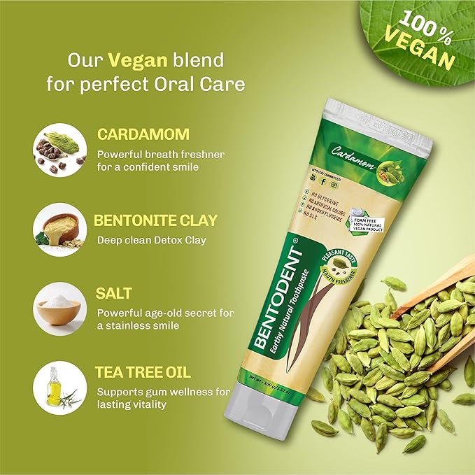 BENTODENT Fluoride Free Remineralizing Calcium Bentonite Clay Toothpaste - Cardamom Flavor Natural Toothpaste, Mint-Free, 3.52 oz - Ideal for Sensitive Teeth & Whitening with Toothbrush-Ruum Studio Home