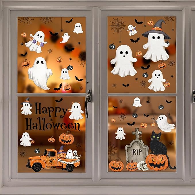 Vintage Halloween Window Clings 6 Sheets, Large Retro Spooky Ghost J-O-Lantern Pumpkin Reusable Window Decals Stickers for Home Halloween Party Decorations Supplies (Ghost)-Ruum Studio Home