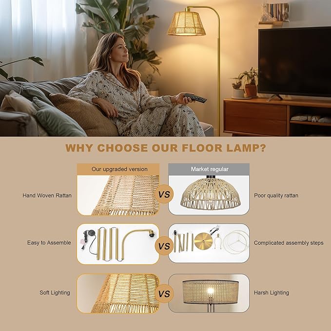 Oneach Arc Floor Lamp for Living Room with 3 Color Temperatures, Farmhouse Floor Lamps with Remote & Dimmable Bulb, Rattan Boho Floor Lamp with Hand-Woven Wicker & Fabric Shade-Ruum Studio Home