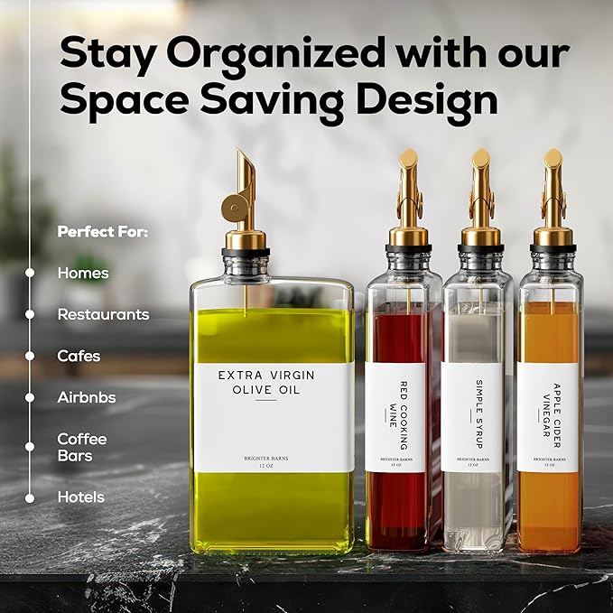 Glass Olive Oil Dispenser Bottle for Kitchen by Brighter Barns - Coffee Syrup Dispenser, Oil and Vinegar Bottle - Modern Kitchen Essentials for Home, Restaurant, Coffee Bar, Airbnb (Clear, Set of 2)-Ruum Studio Home