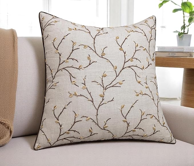 VAGMINE Embroidered Pussy Willow Throw Pillow Cover - 18x18 Inches Square - 100% Linen Natural Decorative Cushion Cover - Floral Embroidery - Cozy Farmhouse & Boho Accent for Sofa, Couch, Bedroom-Ruum Studio Home