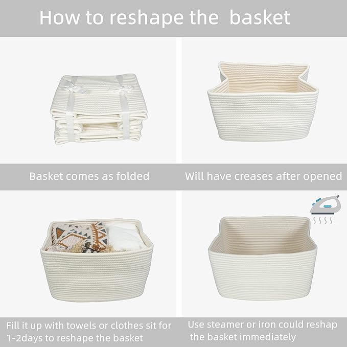 Cotton Rope storage Basket Bins Woven Basket for Organizing Shelves Rectangle Decorative Baskets For storage Clothes Toys Books Towels Square Wicker Nursery basket organizer 3 pack white-Ruum Studio Home