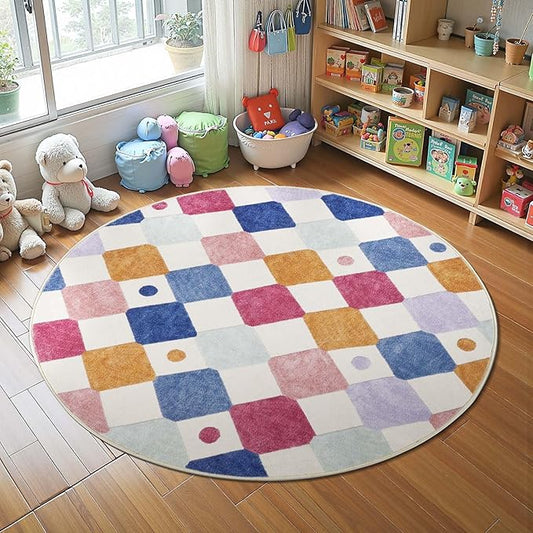 jinchan Round Rug 5ft Kids Washable Rug Indoor Floor Cover Non-Slip Soft Elementary School Classroom Modern Colorful Diamond Carpet for Nursery Daycare Bedroom Playroom Living Room Berries on Cream-Ruum Studio Home