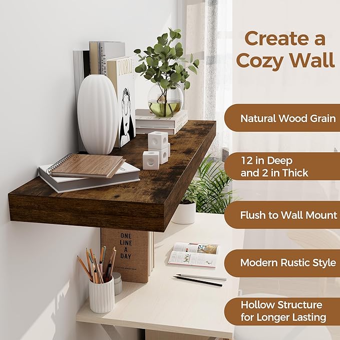 Floating Shelves 36 Inch Long, 12 Inch Deep Floating Shelves for Wall, 36 x 12 Shelves for Wall Storage & Display, 2" Thick Floating Shelf for Bathroom, Living Room, Rustic Brown Color, Set of 1-Ruum Studio Home