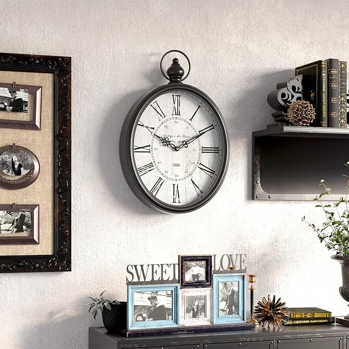 Menterry Oval Retro Wall Clock, Rustic Vintage Style, Black Antique Design, Battery Operated Silent Decor Large Wall Clocks for Kitchen,Farmhouse,Office (15.5" H x 10.5" W)-Ruum Studio Home