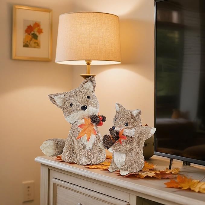winemana Fall Decor Thanksgiving Decoration Sisal Fox, Set of 2 Table Centerpiece Foxes Animals Figurines, Handmade Ornaments Autumn Fall Decorations for Home Mantel Fireplace-Ruum Studio Home