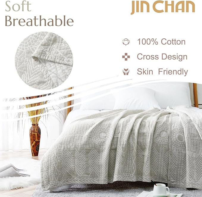 JINCHAN Boho 100% Cotton Muslin Blanket 3-Layer Twin Size Geometric Lightweight Reversible Soft Cozy Throw for Couch Sofa Bed All Season Coverlet Gift Bedroom Living Room Decor Light Grey 60x80 Inches-Ruum Studio Home