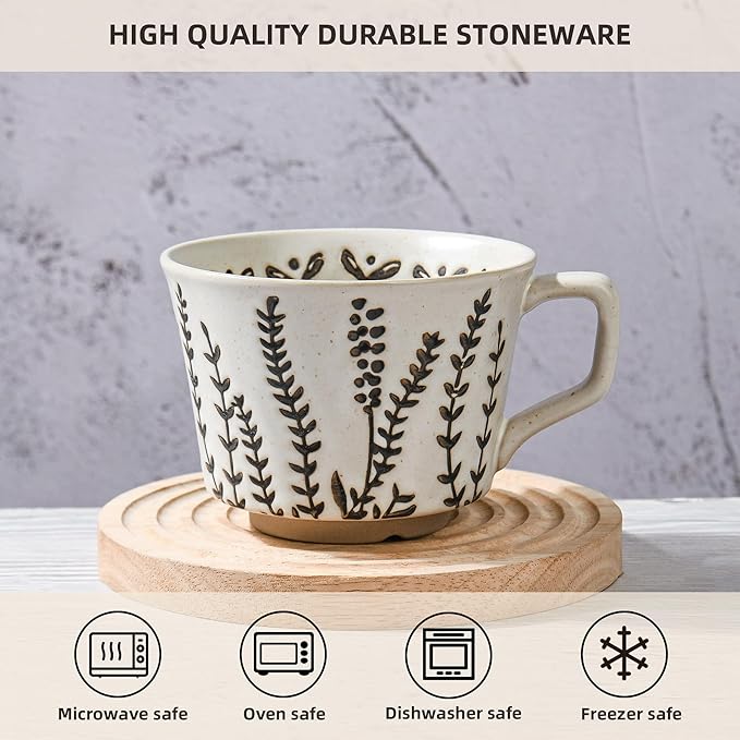 Ceramic Coffee Mug, 12 oz Novelty Unique Teacup with Large Handle, Stoneware Cup for Tea Mocha Latte Cappuccino Espresso (Set of 4, Butterfly Grass Ivy and Leaf)-Ruum Studio Home