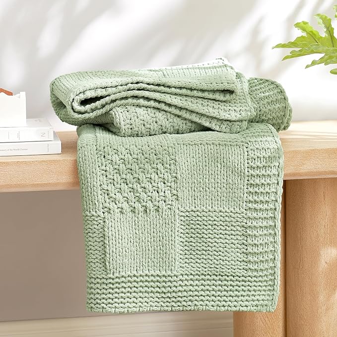 Amélie Home Chenille Knit Throw Blanket for Couch, Checkered Texture Decorative Soft Blanket for Sofa, Bed & Living Room, 60"x80", Sage Green-Ruum Studio Home