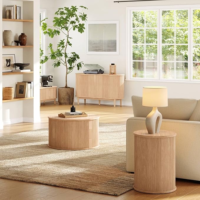 LINSY HOME Round Fluted End Table, Tall Side Table with Sliding Tambour Door and Storage Shelf, Modern Bedside Table, Mid-Century Nightstand for Living Room, Bedroom, Oak-Ruum Studio Home