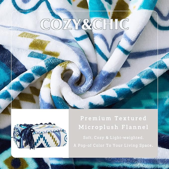 CASAAGUSTO Boho Throw Blanket - Blue and White Decorative Blankets with Tassel, Printed Flannel Bohemian Blanket for Chair, Bed, Sofa, Couch(50 * 60, Blue and White)-Ruum Studio Home