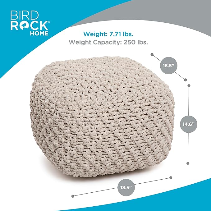 BIRDROCK HOME Square Pouf Ottoman | Cotton Braided Foot Stool with Bean Bag Filling | Boho Foot Rest for Living Room, Bedroom | Compact & Comfortable Seating, Lightweight & Sturdy | Natural-Ruum Studio Home