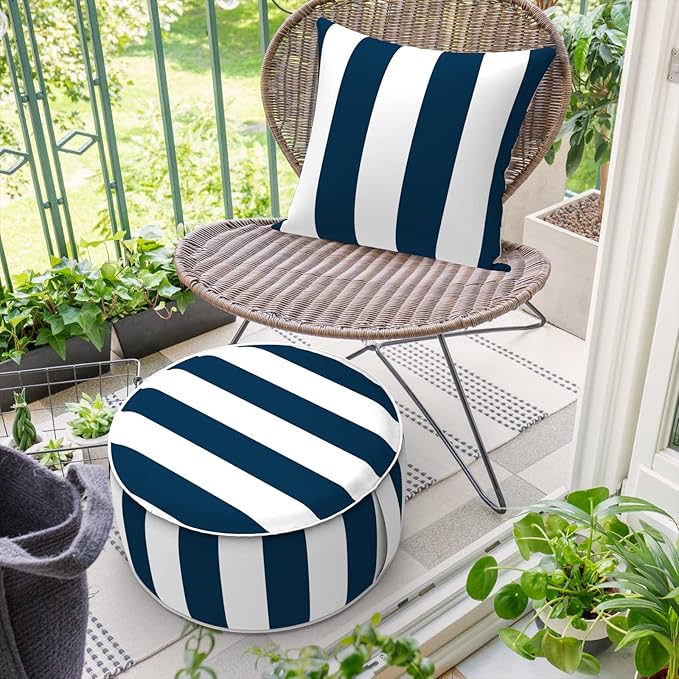 Inflatable Ottoman Stool D21 xH9 for Outdoor/Indoor Use, Water Repellent Patio Foot Rest Stool with Portable Handle,Round Pouf Ottoman Suitable for Garden,Deck and Camping - Cabana Navy-Ruum Studio Home