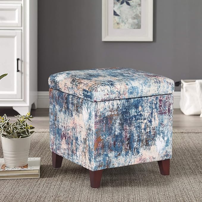 Adeco 18 Inch High Cube Ottoman Storage, Linen Chair Foot Stools, Upholstered Vanity Stool with Hinged Lid, Solid Wood Legs-Ruum Studio Home