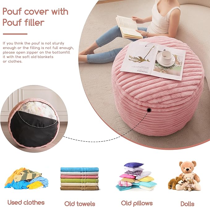 HIGOGOGO Round Stuffed Pouf Ottoman, Stripe Faux Fur Poufs with Foam Chunk Filling, Furry and Fluffy Pouf Foot Stool Storage Ottoman, 26 X 18 Floor Poufs Foot Rest for Living Room, Pink-Ruum Studio Home