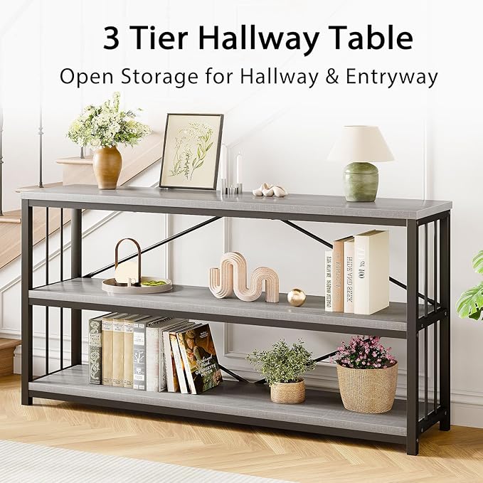 LVB Long Console Table with Storage, Farmhouse Rustic Skinny Entryway Table, Modern Wood Metal Hallway Sofa Table with Shelf, Industrial Narrow Couch Entry Table for Foyer Living Room, Light Grey, 63-Ruum Studio Home