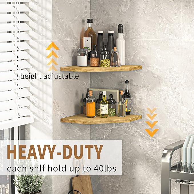 Corner Shelf Wall Mount, Corner Floating Shelves, Set of 4 Corner Wall Shelf Organizer, Rustic Wood Wall Storage Display Shelves for Living Room Bedroom Bathroom Kitchen, Oak-Ruum Studio Home