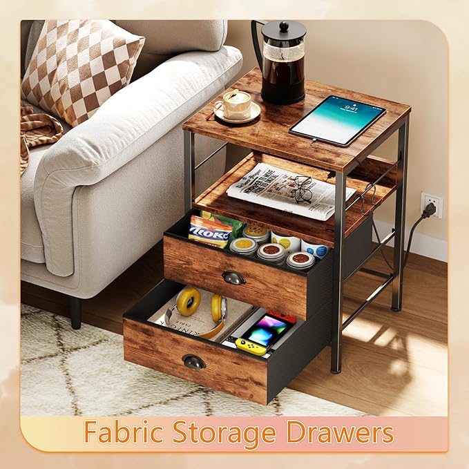Furologee Night Stand with Charging Station, Bedside Table with Fabric Drawers, End Table with USB Ports & Outlets, Rustic Nightstand with Storage Shelf & Hooks, for Living Room/Bedroom, Rustic Brown-Ruum Studio Home