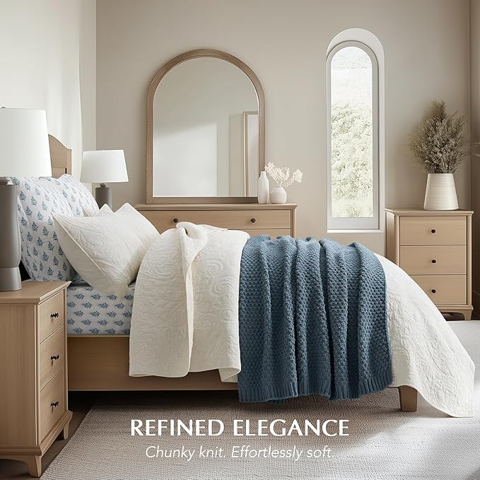 Chunky Chenille Knit Throw Blanket for Couch, Soft Luxurious Moss Stitch Blankets for Bed, Cozy Decorative Farmhouse Knitted Throws for Sofa, Stormy Blue, 60" x 80"-Ruum Studio Home